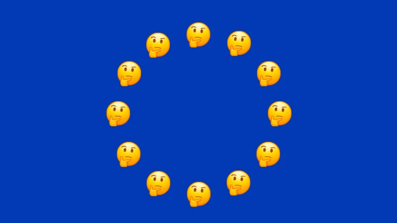 Europaflagge, bei der anstelle der Sterne zwölf zweifelnde Emojis stehen