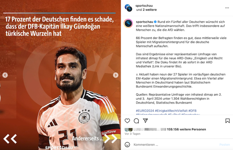 Instagram-Post der "Sportschau": 17 Prozent der Deutschen finde es schade, dass der derzeitige Kapitän der deutschen Nationalmannschaft türkische Wurzeln hat.