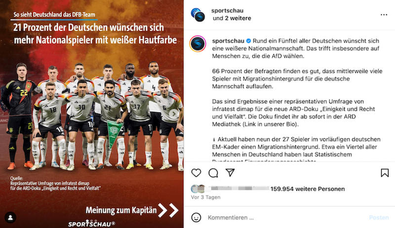 Instagram-Post der Sportschau: 21 Prozent der Deutsche wünschen sich mehr weiße Spieler in der DFB-Elf. 