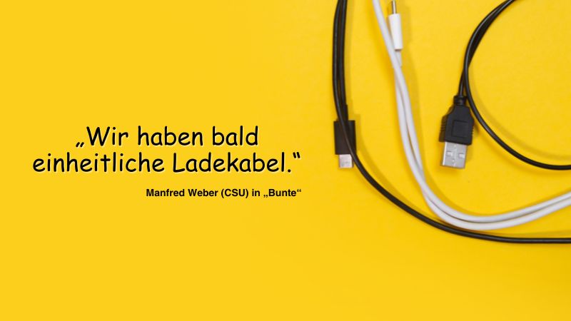 Verschiedene Ladekabel mit einem Zitat von Manfred Weber: „Wir haben bald einheitliche Ladekabel.“