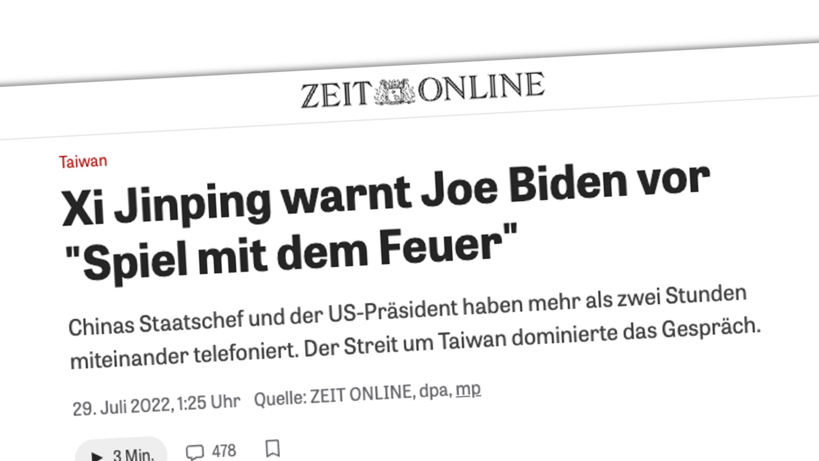 Screenshot eines Artikels auf Zeit.de mit der Überschrift: "Xi Jinping warnt Joe Biden vor 'Spiel mit dem Feuer'"