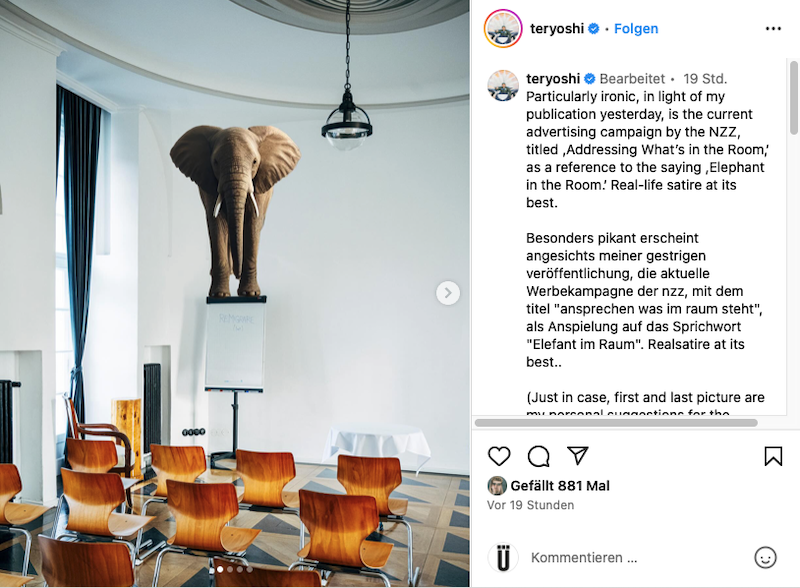 Instagram-Post von Fotograf Nikita Teryoshin: Kritik an der NZZ-Kampagne "Ansprechen, was im Raum steht"