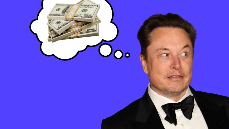 Elon Musk, daneben: Geldscheine in einer Gedankenblase.