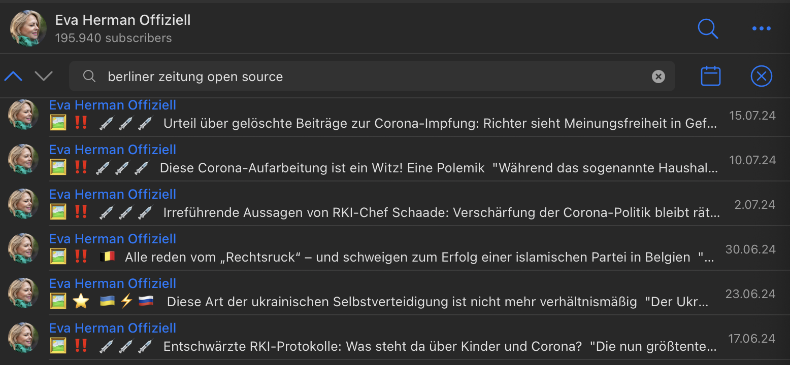 Suchergebnisse zur "Berliner Zeitung" im Telegram-Kanal von Eva Herman