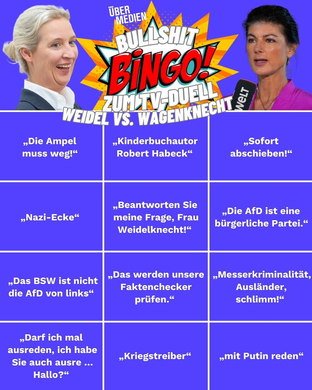 Bullshit-Bingo zum TV-Duell zwischen Alice Weidel (AfD) und Sahra Wagenknecht (BSW).