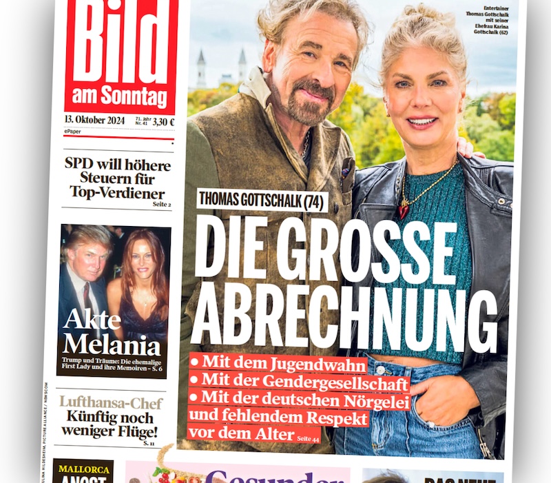 Thomas Gottschalk und seine Ehefrau auf der "Bild am Sonntag", Schlagzeile: Die große Abrechnung: Mit dem Jugendwahn. Mit der Gendergesellschaft. Mit der deutschen Nörgelei und fehlendem Respekt vor dem Alter".