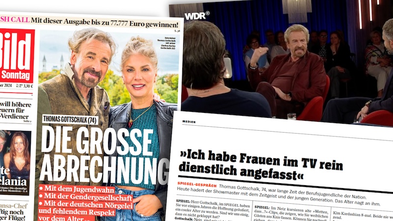 Gottschalk-Titelseite der "Bild am Sonntag", Gottschalk in der WDR-Talkshow "Kölner Treff", Ausriss aus dem "Spiegel-Interview mit Gottschalk.