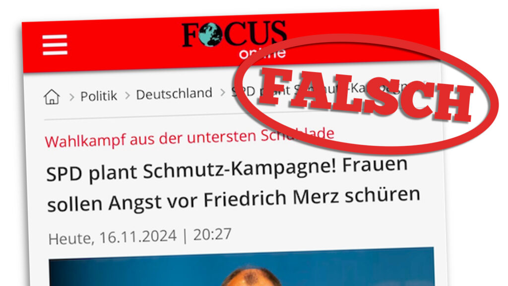 Screenshot des gelöschten "Focus-Online"-Artikels mit der Falschnachricht, die SPD plane eine Kampagne gegen Friedrich Merz