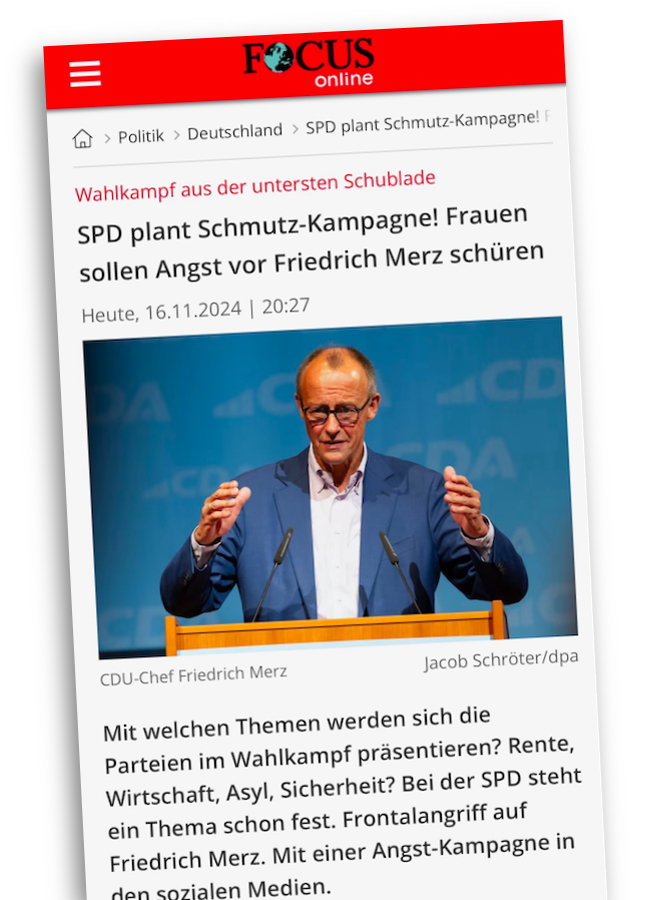 Screenshot des gelöschten "Focus-Online"-Artikels mit der Falschnachricht, die SPD plane eine Kampagne gegen Friedrich Merz