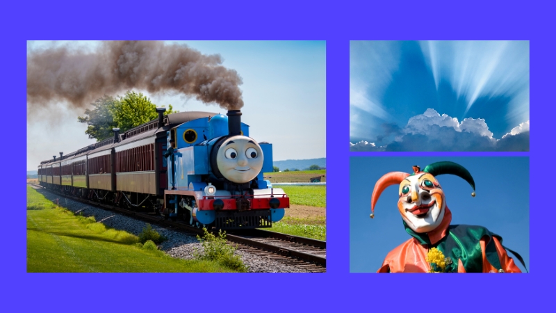 Links: Lokomotive mit Gesicht, bekannt aus einer britischen Kinderserie. Rechts oben: Eine Wolke, dahinter Sonnenstrahlen. Unten: Ein Narr.