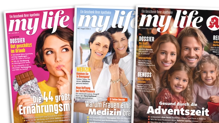 Verschiedene Titel der Burda-Zeitschrift "Mylife", unter anderem mit einer Frau, die Schokolade isst und sich die Spitze ihres Zeigefingers in den Mund steckt.