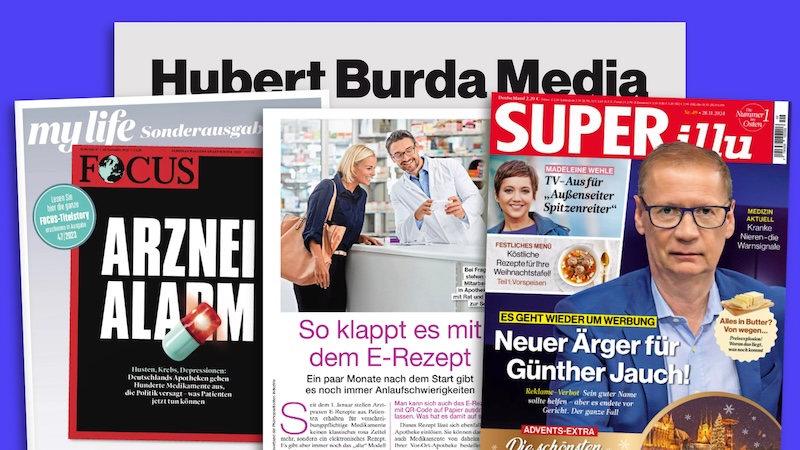 Logo des Verlags Hubert Burda Media und drei Ausrisse: Titelseite der Zeitschrift "Superillu", Bericht über Apotheken-App aus der Zeitschrift "Lisa" und Cover einer Sonderausgabe der Burda-Apothekenzeitschrift "My Life".