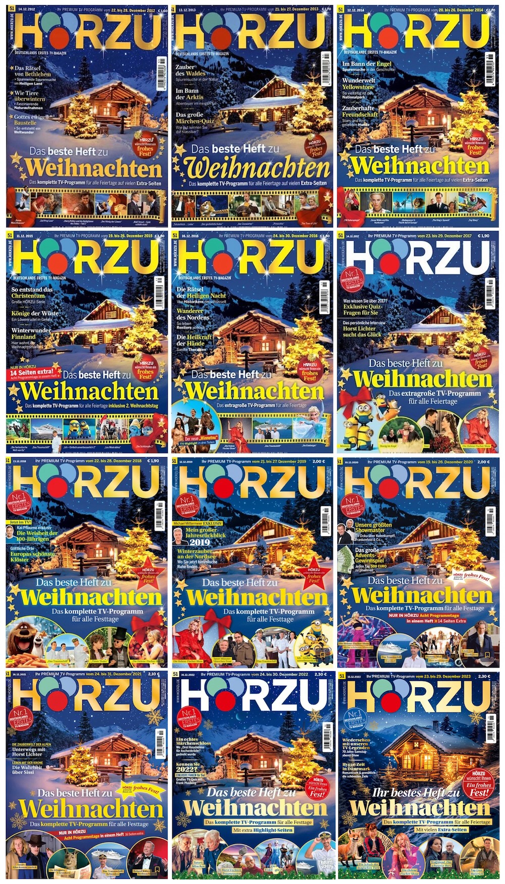 Weihnachtstitel der Zeitschrift "Hörzu" von 2012 bis 2023