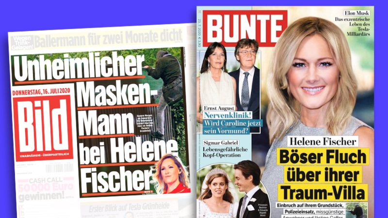 "Bild"-Titelseite vom 16.7.2020 mit der Überschrift "Unheimlicher Masken-Mann bei Helene Fischer"; "Bunte"-Titelseite vom 23.7.2020 mit der Schlagzeile: "Böser Fluch über ihrer Traum-Villa".