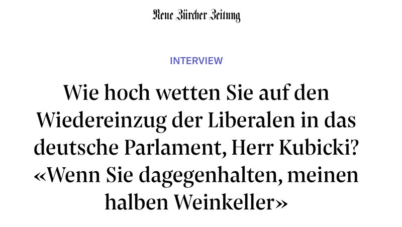 Wie hoch wetten Sie auf den Wiedereinzug der Liberalen ins deutsche Parlament, Herr Kubicki? - Wenn Sie dagegenhalten, meinen halben Weinkeller