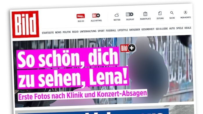 Screenshot der Startseite von Bild.de mit der Schlagzeile "Schön, dich zu sehen, Lena!" auf einem Paparazzi-Foto von Lena Meyer-Landrut und ihrem Kind. (Von uns verfremdet.)