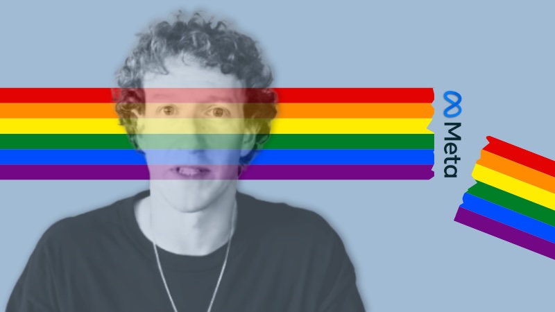 Meta-Chef Mark Zuckerberg mit einer Regenbogenflagge über dem Gesicht, die rechts abreißt.