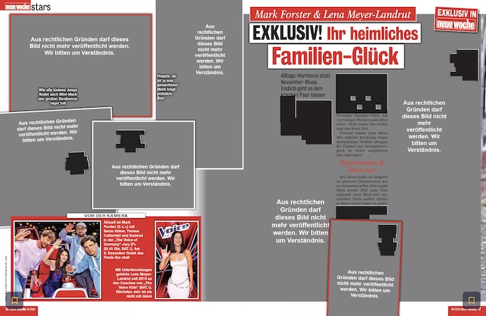 Nachträglich unkenntlich gemachte Doppelseite aus der Zeitschrift "Neue Woche", Ausgabe 48/2024, auf der zuvor Paparazzi-Fotos von Lena Meyer-Landrut zu sehen waren.