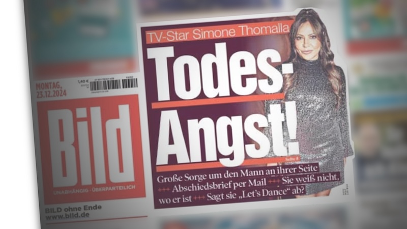 "Bild"-Titelseite vom 23.1.2024: Foto von Simone Thomalla mit der Schlagzeile „TV-Star Simone Thomalla: Todes-Angst! Große Sorge um den Mann an ihrer Seite +++ Abschiedsbrief per Mail +++ Sie weiß nicht, wo er ist +++ Sagt Sie „Let’s Dance“ ab?“