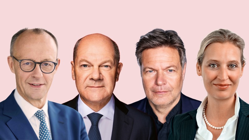 Die Kanzlerkandidaten (v.l.): Friedrich Merz (Union), Olaf Scholz (SPD), Robert Habeck (Grüne) und Alice Weidel (AfD)