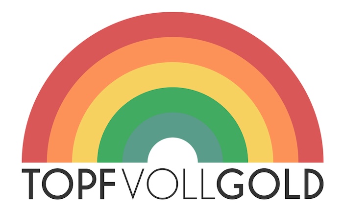 Logo: "Topf voll Gold", darüber ein Regenbogen.