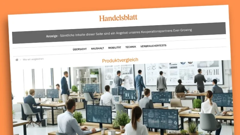 Screenshot der Seite "Produktvergleiche" auf handelsblatt.com mit einem offensichtlich KI-genereierten Foto einer Test-Redaktion.
