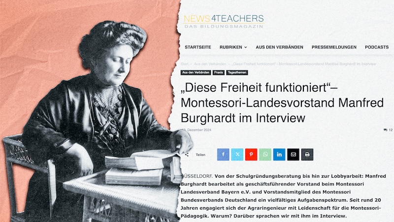 Screenshot eines Artikels von „news4teachers“ neben einem Foto der Pädagogin Maria Montessori.