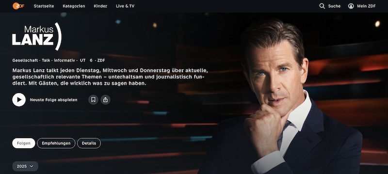 Screenshot der ZDF-Seite über die Sendung "Markus Lanz" mit einem Foto von Markus Lanz, auf dem er posiert, als wäre e…</p srcset=