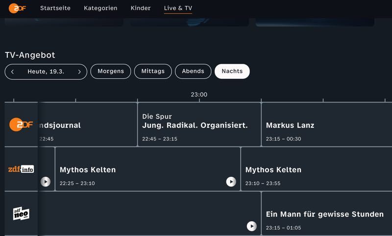 Screenshot der ZDF-Seite "Live & TV" mit einer Übersicht, was im linearen Fernsehen läuft.