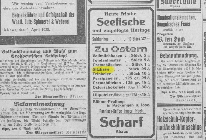 Oster-Anzeige aus der „Zeno-Zeitung – Kreiszeitung für den Kreis Ahaus“ vom 7. April 1938, in der ein "Sitzhase" beworben wird.