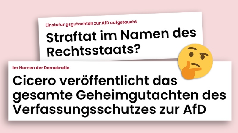 Zwei Schlagzeilen des Magazins „Cicero“, oben: „Einstufungsgutachten zur AfD aufgetaucht - Straftat im Namen des Rechtsstaats?“; unten: „Im Namen der Demokratie - Cicero veröffentlicht das gesamte Geheimgutachten des Verfassungsschutzes zur AfD“. Daneben ein nachdenklicher Smiley, der die Augenbraue hochzieht.