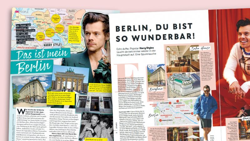 Ausrisse aus dem "OK! Magazin" und der "Gala" mit Artikeln über Harry Styles, in denen auf Karten eingezeichnet ist, wo der Sänger sich aufhält.
