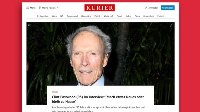 Screenshot aus dem Online-Angebot der österreichischen Tageszeitung „Kurier“ mit einem Foto von Clint Eastwood und der Überschrift: „Clint Eastwood (95) im Interview: ,Mach was Neues oder bleib zu Hause‘“.