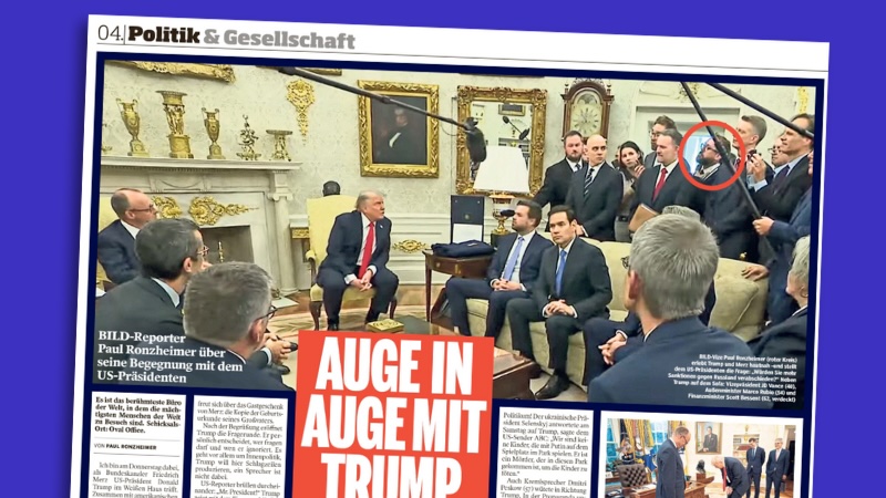 Ausriss aus der „Bild am Sonntag“ mit der Überschrift: „Auge in Auge mit Trump“, dazu ein Bild aus dem Oval Office mit Friedrich Merz und Donald Trump. Im Hintergrund, rot eingekringelt: „Bild“-Reporter Paul Ronzheimer.