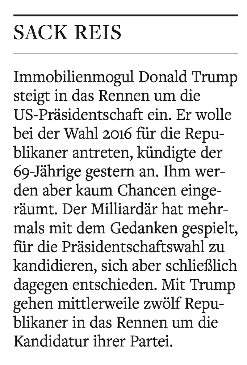 Meldung in "Welt kompakt" zur Trump-Kandidatur 2025: "Sack reis"