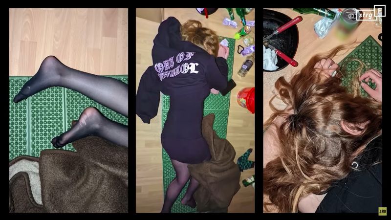 Fotos von einer Frau zwischen Essensresten auf dem Boden