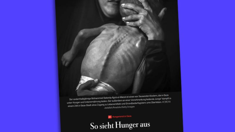 Foto von Muhammad über Text in der "Zeit" mit der Überschrift "So sieht Hunger aus"