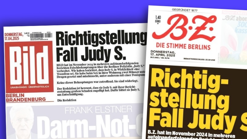 Ausrisse der „Bild“- und „B.Z.“-Titelseiten vom 17.4.2025 mit großen Richtigstellungen zum Fall Judy S.