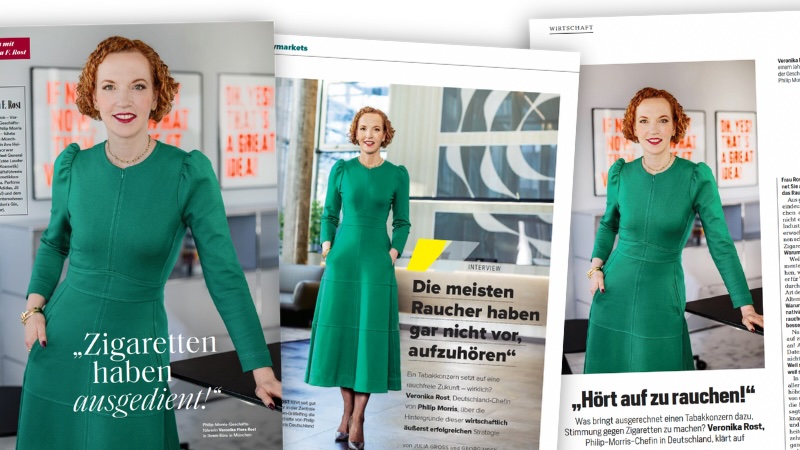 Drei Interviews mit Philip-Morris-Managerin Veronika Rost: Ausrisse aus „Bunte“, „Focus Money“ und „Focus“ (v.l.).