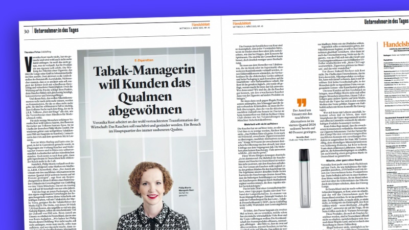 Philip-Morris-Managerin im „Handelsblatt“-Porträt in der Rubrik „Unternehmerin des Tages“