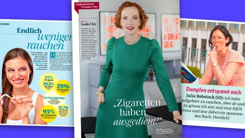 Ausrisse aus den Zeitschriften „Hörzu“, „Bunte“ und „Bild der Frau“ mit Geschichten über das Rauchen.