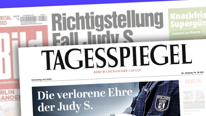 „Tagesspiegel“-Titel mit der Überschrift „Die verlorene Ehre der Judy S.“; im Hintergrund: „Bild“-Titelseite mit Richtigstellung zum Fall Judy S.