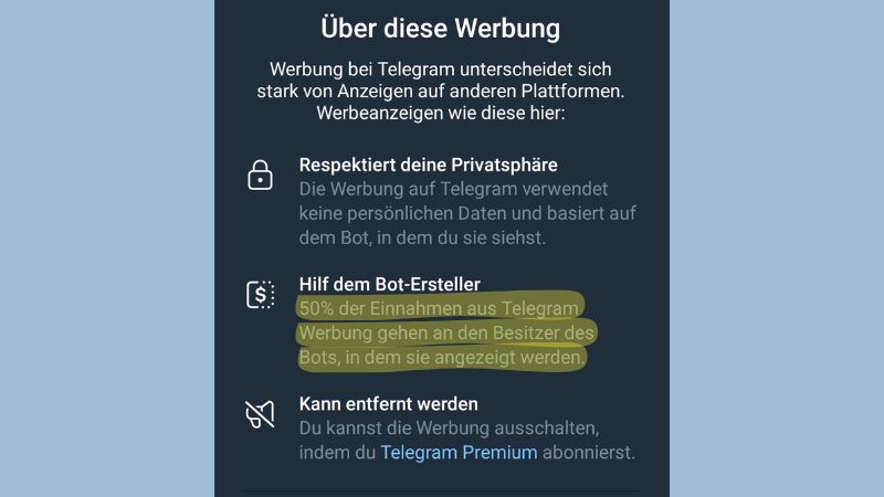 Infofeld zu Werbung bei Telegram