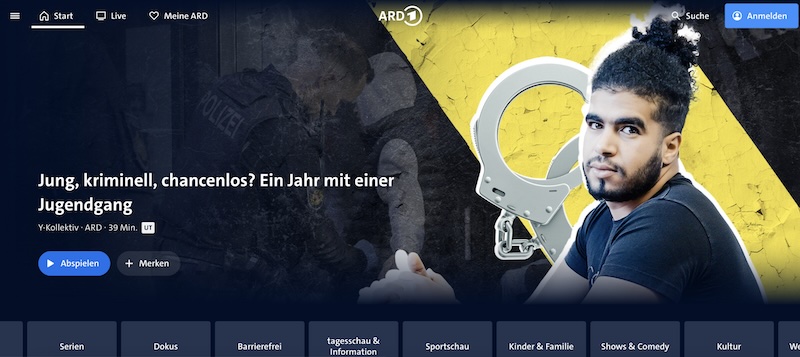 Screenshot der ARD-Mediathek, ganz groß oben beworben eine Reportage des Y-Kollektivs mit dem Titel: „Jung, kriminell, chancenlos? Ein Jahr mit einer Jugendgang“.