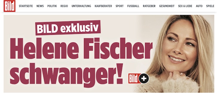 „Bild.de“-Startseite vom 7.6.2025: „BILD exklusiv: Helene Fischer schwanger!“
