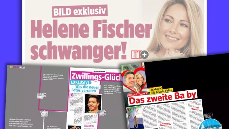Screenshot der Bild.de-Startseite mit der Schlagzeile „BILD exklusiv: Helene Fischer wieder schwanger!“, dazu zwei Ausrisse aus Klatschblättern, die heimlich aufgenommene Fotos von Fischer nachträglich schwärzen mussten.