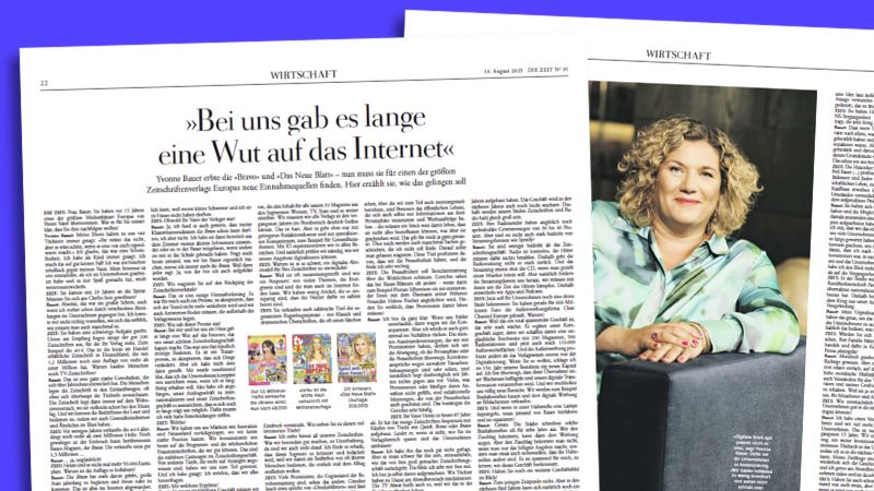 Ausriss aus der „Zeit“, Ausgabe 35/2025, Seiten 22 und 23: Großes Interview mit Yvonne Bauer, Überschrift: „Bei uns gab es lange eine Wut auf das Internet“.