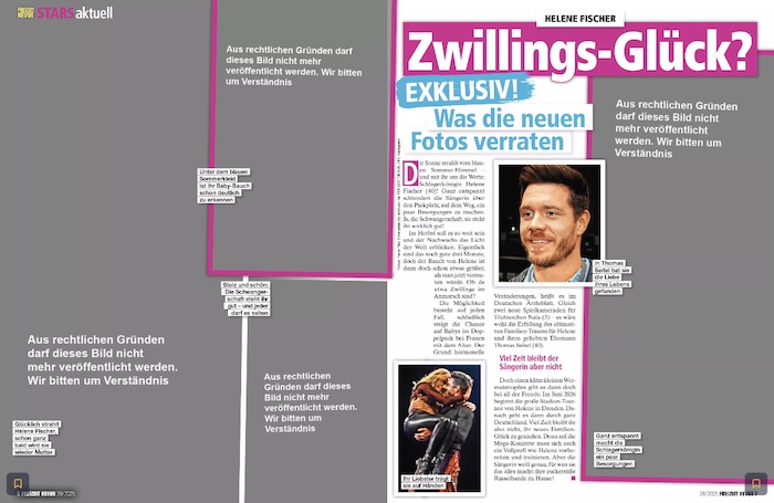 Doppelseite der Zeitschrift „Freizeit Revue“, auf der die Fotos nachträglich „aus rechtlichen Gründen“ komplett geschwärzt wurden.