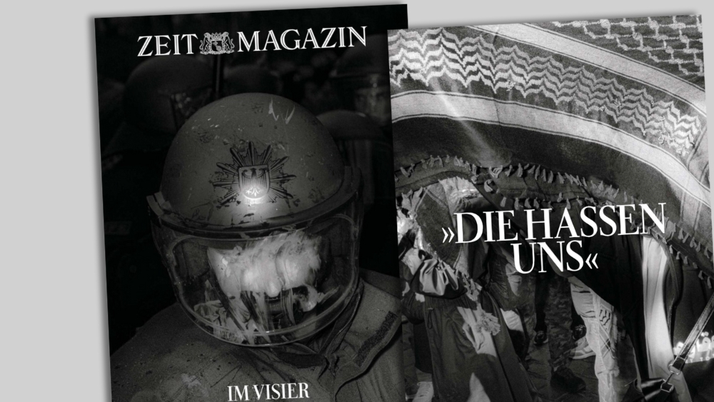 Titel des "Zeit-Magazins": Polizist mit Helm und heruntergelassenem Visier, danaben Foto von Demonstrierenden mit Zitiat: "DIE HASSEN UNS".