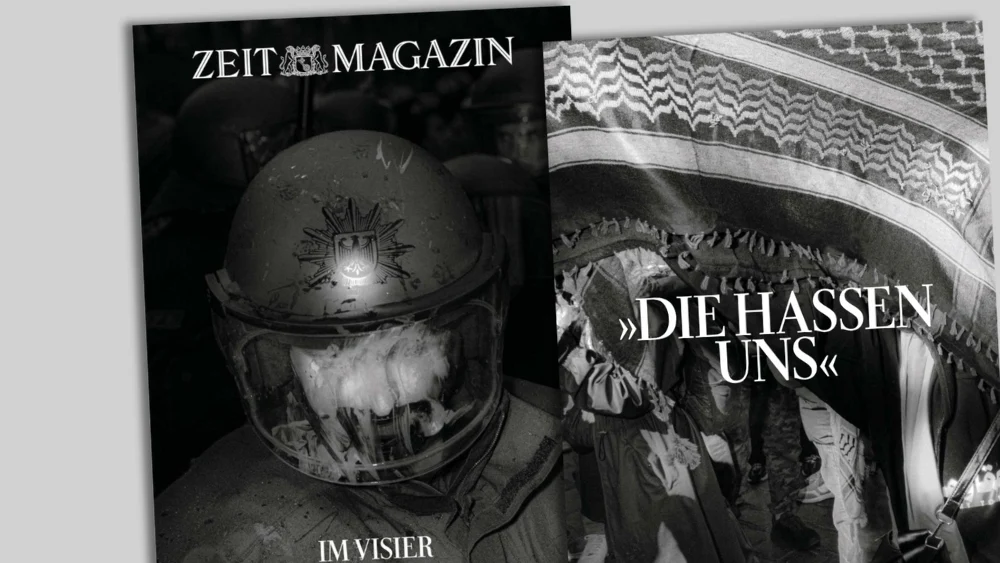 Titel des "Zeit-Magazins": Polizist mit Helm und heruntergelassenem Visier, danaben Foto von Demonstrierenden mit Zitiat: "DIE HASSEN UNS".